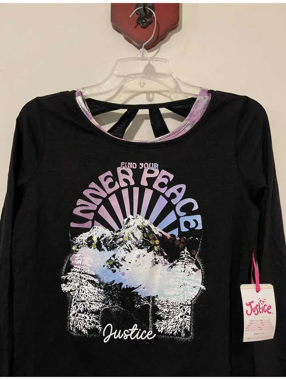 Justice Girls Large 12/14 Black “Inner Peace” Shirt & Sports Bra Set NWT! A6204